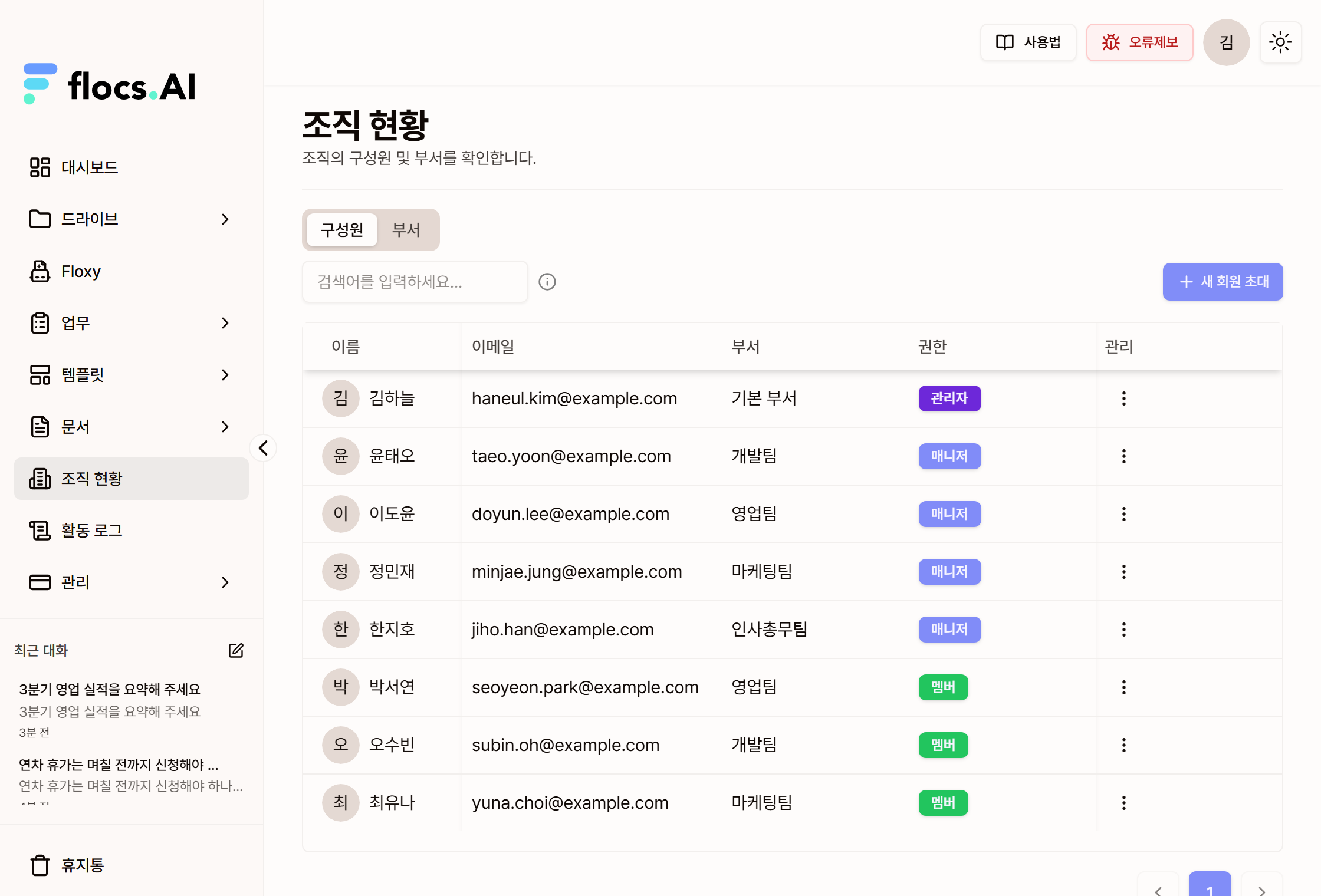 조직 현황의 구성원 탭